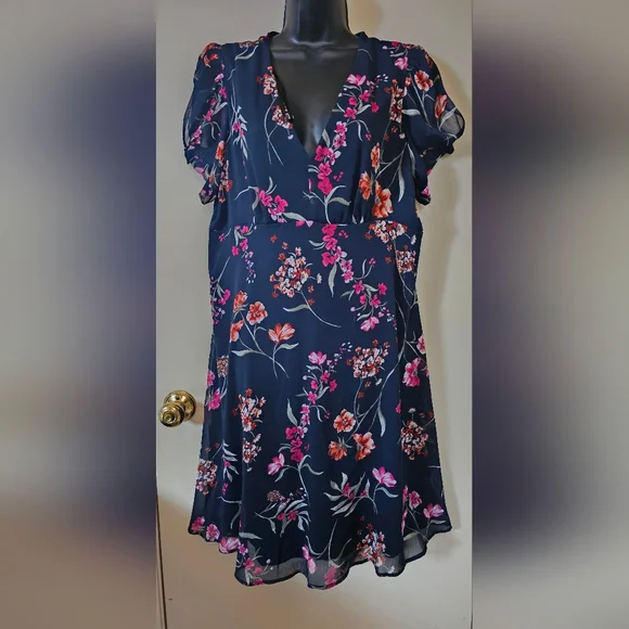 calvin klein floral print chiffon dress Calvin Klein Floral Print Crinkle Chiffon Round Neck Short Flutter Sleeve Dress, Womens, 10, Rose Multi